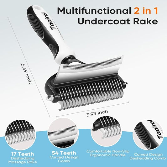 2-in-1 Dog Grooming Rake Dual Sided Deshedding Tool Undercoat Rake for Long/Short Hair, Gentle Stainless Steel Comb with Ergonomic Handle, Safe Shedding Brush for Dogs & Cats (Medium)