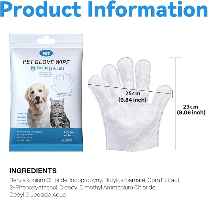 Pet Glove Wipes for Dogs Cats, Cleaning & Deodorizing Grooming Gloves, Dog Wipes for Body Daily Care, Cat Grooming Wipes Cleaning Fur Traveling Rinse Free, Odorless and Unscented, 3pack/18pcs