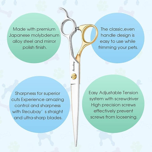 Dog Cat Scissors for Grooming, Pet Shears for Thick Coats and Matted Hair, Thinner Curved Straight Chunker Stainless Steel Shears (7.0" Straight Gold-Silver)