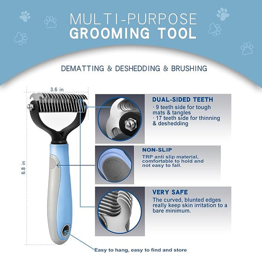 GOESWELL Double-Sided Undercoat Rake for Pet Grooming - Shedding and Dematting Comb with Grooming Glove (Blue 2 Pack)