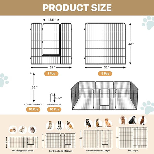 MoNiBloom Dog Playpen Outdoor, 32" Height 10 Panels Heavy Duty Metal Dogs Pen for Medium/Small Animals Pet Exercise Pen for RV Camping Yard