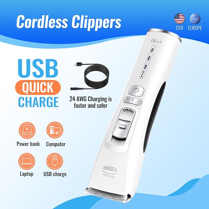 Dog Clippers for Grooming with 1 Dog Grooming Comb 3-Speed Low Noise Powerful Rechargeable Cordless Pet Grooming Trimmers for Small & Large Dogs Cats Pets with Thick & Heavy Coats