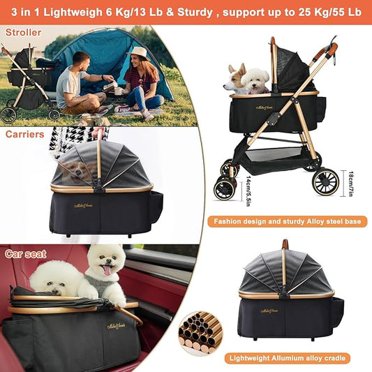 MILA&LOUIS Dog Stroller for Medium Dogs, Lightweigh Pet Stroller for Small Dogs with 4 Upgraded Wheel, Dog Strollers with Cup Holder, Hook, Fashion Gold Puppy Stroller with Detachable Aluminum Cradle