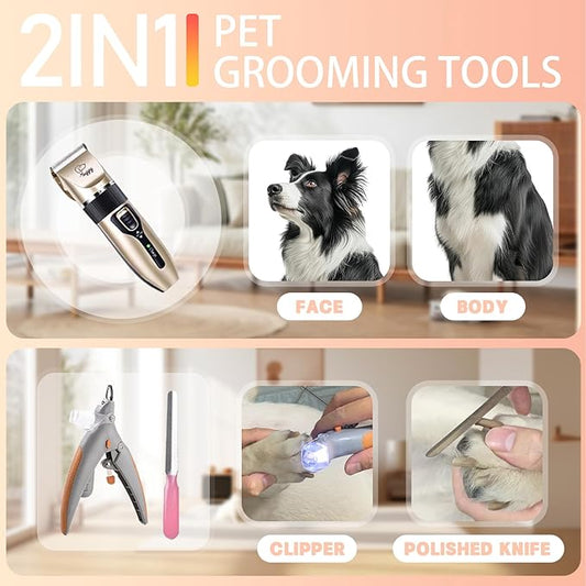 Dog Hair Clippers for Pet Grooming Kit Paw Trimmer Nail Grinder for Grooming Waterproof/Low Noise Rechargeable Cordless Dog Clippers for Pet Cats Dogs