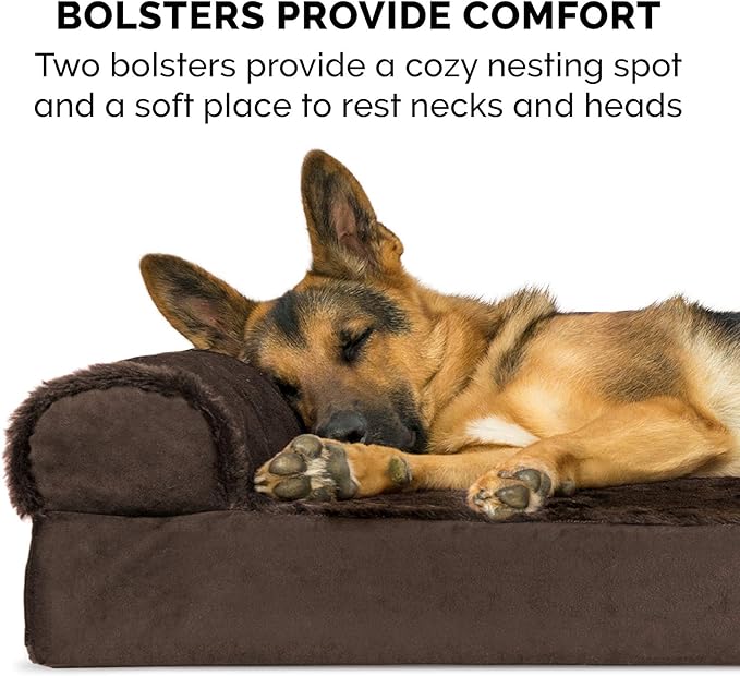 Furhaven Memory Foam Dog Bed for Large Dogs w/ Removable Bolsters & Washable Cover, For Dogs Up to 125 lbs - Plush & Velvet L Shaped Chaise - Sable Brown, Jumbo Plus/XXL