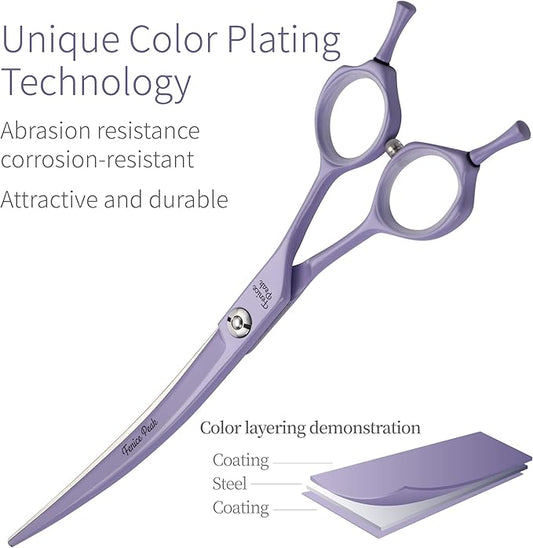 Fenice Peak Curved Dog Grooming Scissors with Violet Color Coating 440C Stainless Steel Pet Grooming Bending Shears Sharp and Durable Comfortable Engonomic Handle