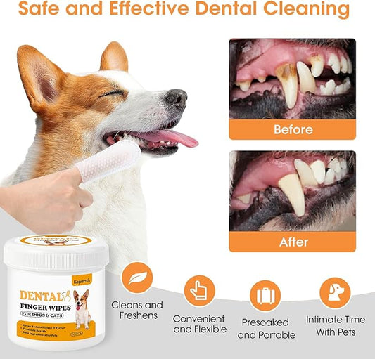 Teeth Cleaning Finger Wipes, Dog Dental Wipes, Reduce Plaque & Tartar, Freshen Breath, Safe & Natural Pet Dental Wipes for Dogs Teeth, Portable Dog Tooth Wipes for Cats,100 Ct,Unscented