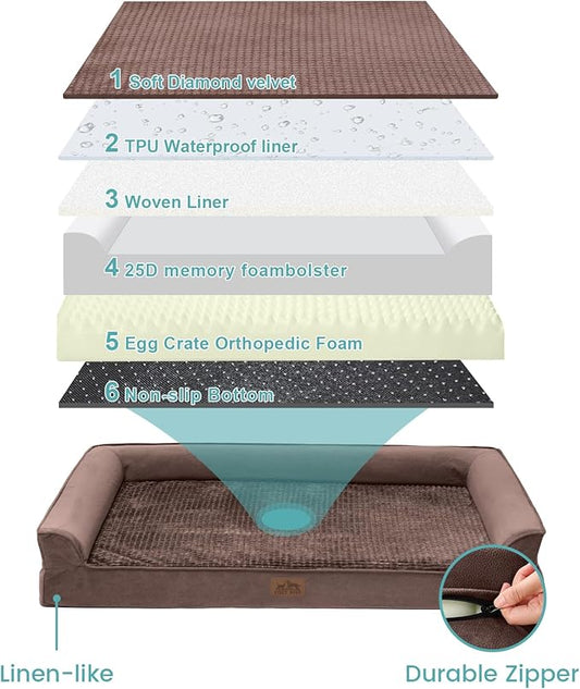 Orthopedic Dog Bed for Small Dogs,Waterproof Dog Sofa Beds with Sides, Supportive Foam Pet Couch Bed with Removable Washable Cover,Waterproof Lining and Nonskid Bottom,Brown(30" L x 20" W x 7.5" Th)