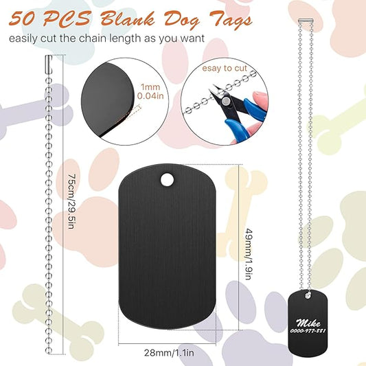 100 Pcs Military Dog Tags Set, 50 Pcs Personalized Engraved Aluminum Blank Dog Tags and 50 Pcs Iron Necklace Chain, Blank Dog Tags for Engraving, Dog Tags for Men, Black