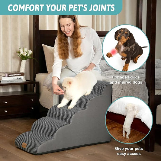 Dog Stairs for High Bed 22.6" H, Small Pet Steps with Leakproof Cover, High Density Foam Cat Ramp for Bed, Car or Couch, Lightweight, Durable, Comfort, 15.7x33x22.6 inch, 5 Tiers, Dark Grey