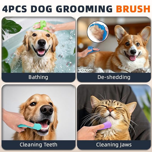 4PCS Dog Bath Brush | Scrubber for Bath | Shampoo Brush | Toothbrush | Finger Toothbrush | Dog Shower/Washing Brush with Adjustable Ring Handle - Pet Bath Supplies (Blue Green)