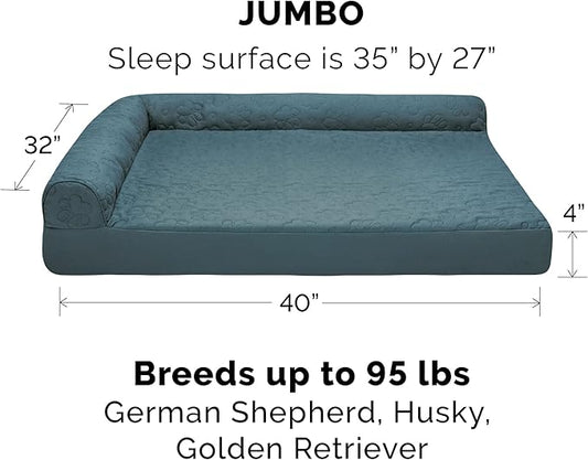 Furhaven Memory Foam Dog Bed for Large Dogs w/ Removable Bolsters & Washable Cover, For Dogs Up to 95 lbs - Pinsonic Quilted Paw L Shaped Chaise - Bluestone, Jumbo/XL