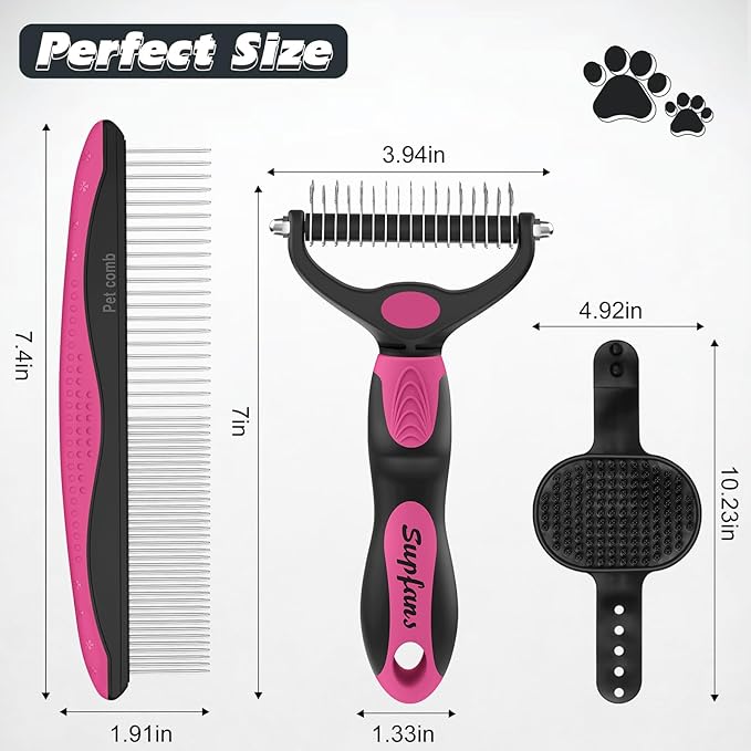 3PCS Dog Grooming Kit I Dog Brush for Shedding I Deshedding Dog Brush I Metal Dog Comb I Dog Bath Brush I Undercoat Rake for Dogs and Cats I Premium Pet Supplies (Pink Black)