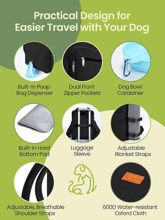 Dog Travel Bag, Airline Approved Organizer Backpack with Multi-Function Pockets, 25L Accessories Set with 2 Food Storage Containers, 2 Foldable Bowls for Weekend