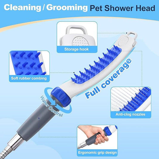 Dog Shower Attachment, Rubber Dog Grooming Bath Brush for Long & Short Haired Dogs and Cats, Pet Hair Scrubber For Washing, Deshedding, Massage, Stainless Steel Shower Hose