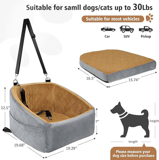 Dog Car Seat for Small Medium Dogs,Detachable Washable Dog Booster Seat Under 30lbs, Pet Car Seat Travel Bed with Storage Pockets and Dog Safety Belt(Grey/Brown)