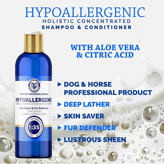 16oz Super Concentrated Hypoallergenic Dog & Cat Shampoo & Conditioner. Gentle Cleansing for Sensitive Skin, Itch Relief Formula, Puppy Safe Makes 4 gallons when diluted or use full strenght