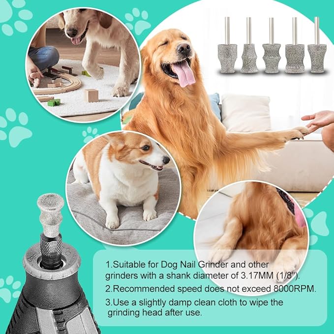 Dog Nail Grinder Bits - 1/8" Pet Nail Grinder Wheel for Dogs and Cats, Animal Diamond Rotary Bit for Home Grooming Tools and Animal Nail Care