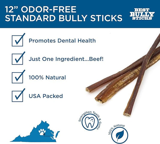 Best Bully Sticks 12 Inch Odor Free Bully Sticks for Dogs, 24 Pack, Bulk Bag 100% Natural, Grass-Fed Beef, Digestible Bully Bones, Grain and Rawhide Free, Odorless Dog Bully Sticks for Large Dogs