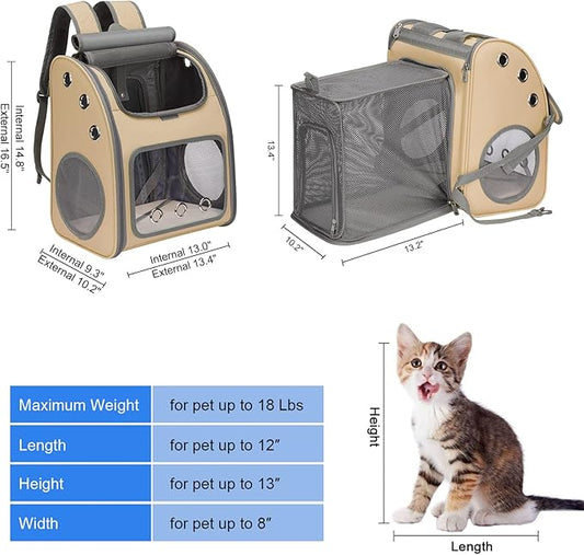 Expandable Pet Carrier Backpack for Cats, Dogs and Small Animals, Portable Pet Travel Carrier, Super Ventilated Design, Airline Approved, Ideal for Traveling/Hiking/Camping, Khaki
