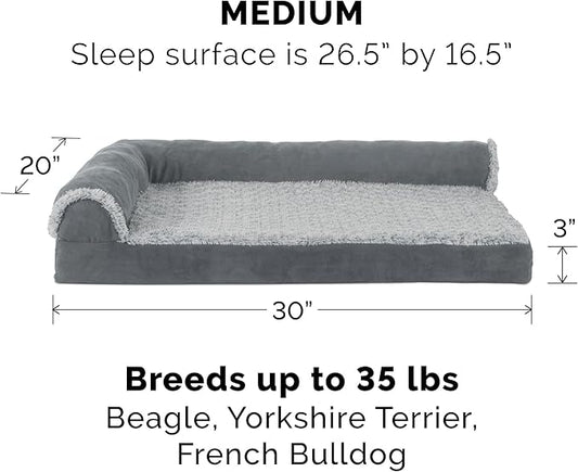 Furhaven Memory Foam Dog Bed for Medium/Small Dogs w/ Removable Bolsters & Washable Cover, For Dogs Up to 35 lbs - Two-Tone Plush Faux Fur & Suede L Shaped Chaise - Stone Gray, Medium