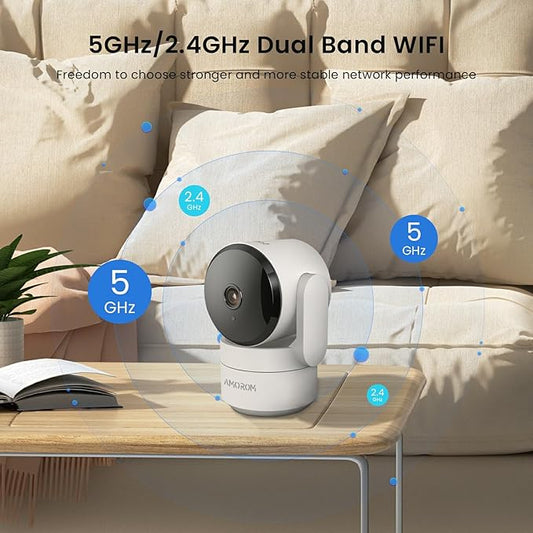 2K Pan-Tilt Indoor Security Camera, 360° Pet/Dog Monitoring, Motion Tracking, Night Vision, 2-Way Audio, Motion Alerts, Compatible with Alexa & Google Assistant (2.4GHz & 5GHz)