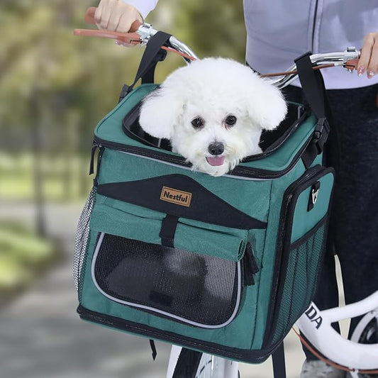 Dog Bike Basket Carrier, Expandable Foldable Dog Basket for Bike, Soft-Sided Dog Bike Carrier Pet Travel Bag, Bike Dog Carrier Backpack Carrier Safe and Easy for Small Cats and Dogs (Green)