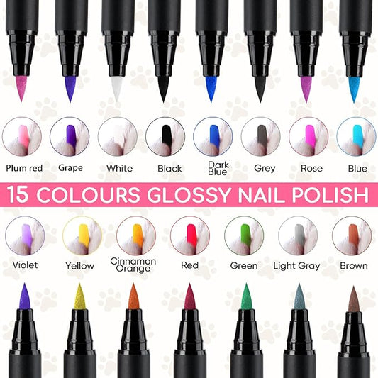 15 Colors Dog Nail Polish Pens Quick Dry, Pet Nail Polish Set for Dogs DIY Dogs Puppy Nails, Dog Safe Nail Polish Non Toxic, Odorless, Easy to Apply