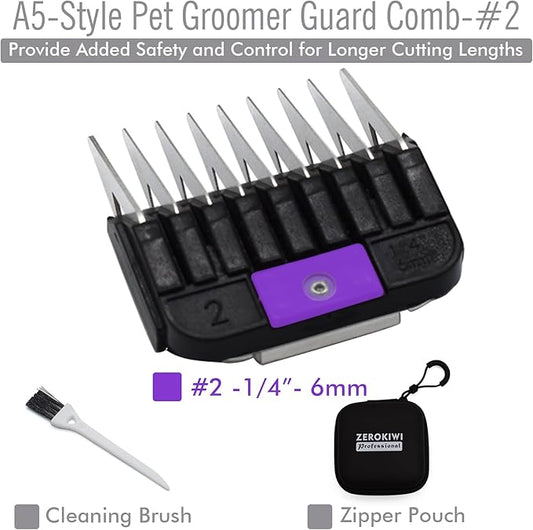 Professional A5 Style Animal Clipper Stainless Steel Color-Coded Snap-on Attachment Guard Guide Comb, 1/8"-1" Compatible with Wahl KM Series Oster A5 Andis Detachable Blade Pet Groomers (#2 - 1/4")