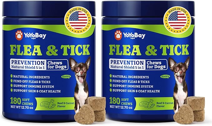 Flea & Tick Prevention for Dogs Chewables, YoYoBay Natural Dog Fleas and Ticks Control Supplement, Dogs Supplement, Natural Shield 5-in-1 Protection, Beef & Carrot Flavor, 180 Soft Chews *2 Pack