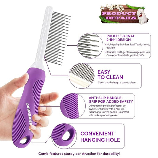Grooming Comb for Dogs and Cats with Matted Hair, Detangling Pet Comb with Long and Short Stainless Steel Metal Fine Teeth for Removing Mats, Tangles, Knots & Loose Fur from The Undercoat