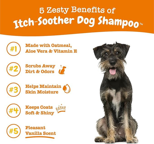 Dog Shampoo with Oatmeal & Aloe Vera - Grooming Pet Wash for Itchy & Sensitive Skin + Dandruff & Coat - Gentle Anti Itch Formula - Vanilla Bean Scent - 16 OZ
