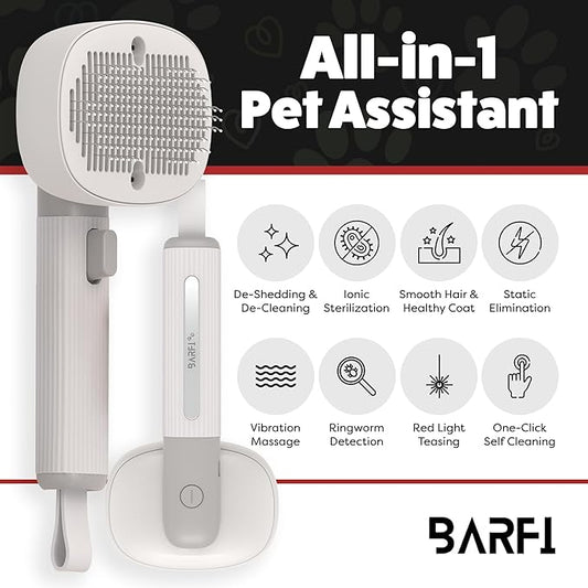 BARFI Pet Brush - Self-Cleaning Pet, Cat, Dog Shedding Brush - Multi-Functional Grooming Tool with Negative Ion Technology, Vibrating Massager, Wood's Lamp (Gray) - Free Pet Bowl