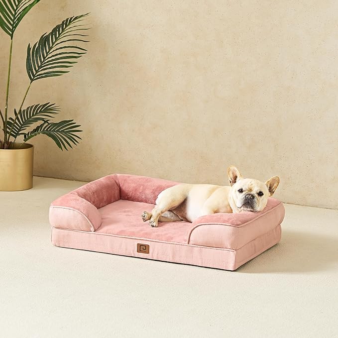 EHEYCIGA Orthopedic Dog Bed for Small Dogs, Waterproof Memory Foam Small Dog Beds with Sides, Non-Slip Bottom and Egg-Crate Foam Medium Dog Couch Bed with Washable Removable Cover, Dusty Pink