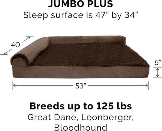 Furhaven Orthopedic Dog Bed for Large Dogs w/ Removable Bolsters & Washable Cover, For Dogs Up to 125 lbs - Plush & Velvet L Shaped Chaise - Sable Brown, Jumbo Plus/XXL