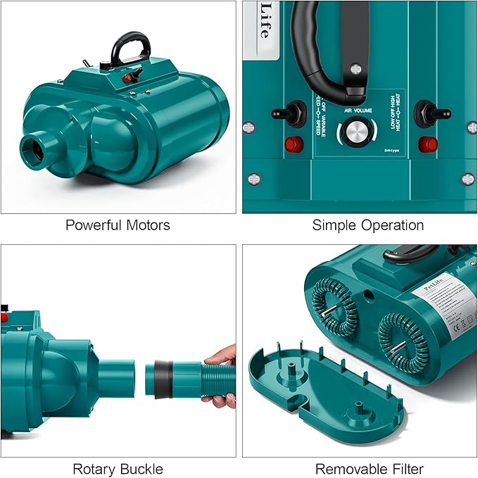 PetLife Variable Speed Dog Grooming Dryer for Medium/Large Dogs, Dual Motor, 5.0HP High Velocity Professional Dog Pet Grooming Hair Drying Force Dryer Blower with Heater