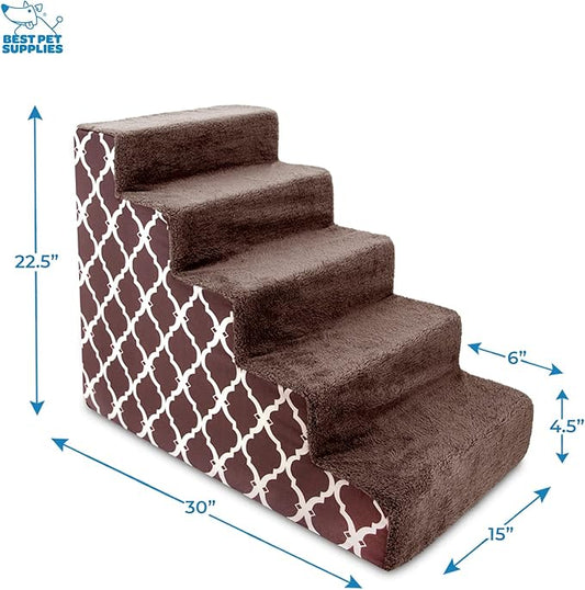 Best Pet Supplies Dog Stairs for Small Dogs & Cats, Foam Pet Steps Portable Ramp for Couch Sofa and High Bed Non-Slip Balanced Indoor Step Support, Paw Safe No Assembly - Brown Lattice Print, 5-Step