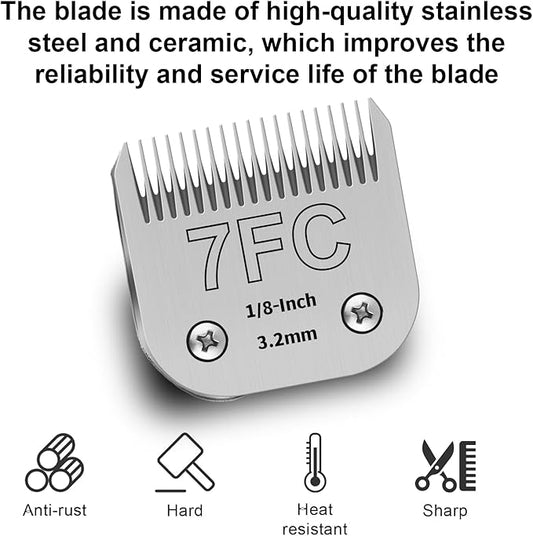7FC Detachable Pet Clipper Replacement Blades Compatible with Andis/Oster A5/Wahl KM10 Series Dog Clipper,Made of Ceramic Blade & Stainless Steel Blade,Size 7FC Cut Length 1/8-Inch(2 Pack)