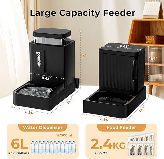 Gravity Cat Feeder and Water Dispenser, 2 in 1 Automatic Cat Feeder with 180 Degree Rotatable, 2 Pack Large Capacity Self Feeding for Small Medium Dog Puppy Kitten, Black, 1.6GALx2