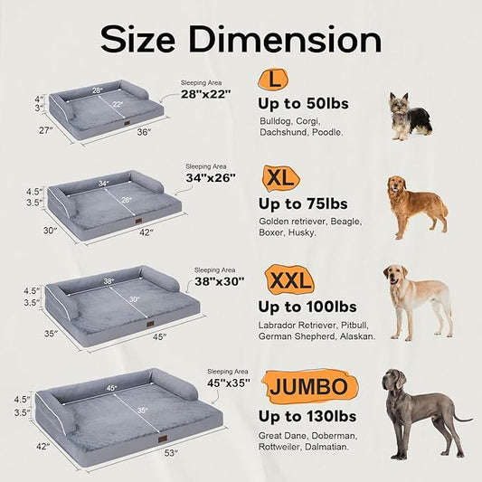 Large Dog Bed Orthopedic Washable, Medium Large XXXLarge Dogs, Orthopedic Grey Dog Bed with Waterproof Cover and Removable Egg Foam, Couch Bed Bolster