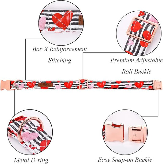 Lionet Paws Valentine Day Dog Collar, Heavy-Duty Cute Red Heart Pattern Fabric Pet Collar with Metal Buckle Necklace for Large Gift, XLarge, Neck 16-26 inches