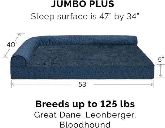 Furhaven Memory Foam Dog Bed for Large Dogs w/ Removable Bolsters & Washable Cover, For Dogs Up to 125 lbs - Plush & Almond Print L Shaped Chaise - Blue Almonds, Jumbo Plus/XXL