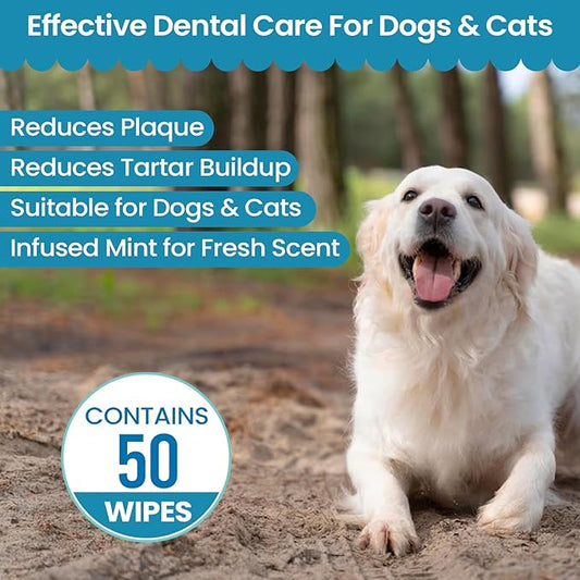 Replenish Dental Wipes for Dogs and Cats - Dog Teeth Cleaning Wipes - Pet Dental Finger Wipes for Dogs – Easy to Use Gentle Pet Dental Wipes - Effective Dog Teeth Cleaner - 50 Count