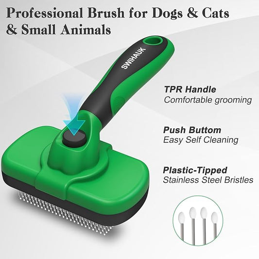Swihauk Self Cleaning Slicker Brush - Skin Friendly Deshedding Grooming Tool for Dogs & Cats, Suitable for Shedding & Haired Pets, with Pet Supplies Accessories, Green