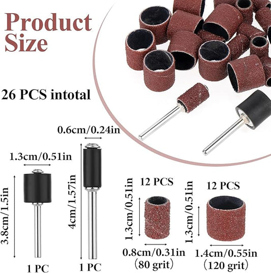 26 Pack Pet Nail Grinder Replacement Kit Sanding Drum Set with Grit Sanding Bands Dog Nail Smoother Dog Claw Care Pet Claw Grooming Supplies, 2 Sizes 1/2 Inch 120 Grit /0.31 inches 80 Grit
