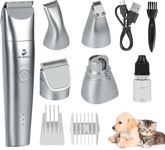 Dog Clippers Grooming Kit Hair Clippers with Nail Grinder Set 4 in 1, Cordless Electric Trimmer- Low Noise Paw Trimmer-USB Rechargeable Quiet Nail Grinder Shaver for Cats and Other Pets (Sliver)