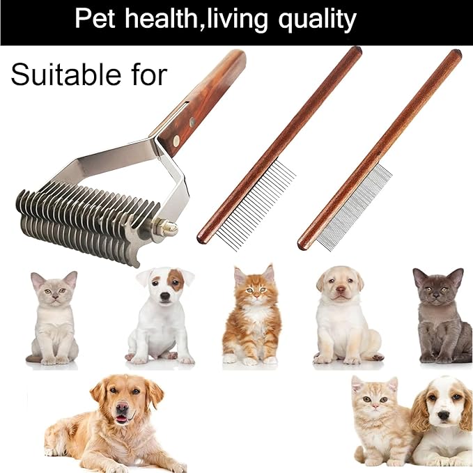 Undercoat Rake for Dogs and Cats, Pet brush for Dematting Comb, Pet Grooming Combs For Long-Haired & Short-Hair, Removes Dander, Dirt, and Detangles,With Wooden Handle 3 pack.