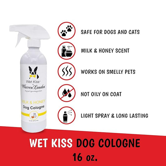 Warren London - Wet Kiss Dog Cologne, Long Lasting Dog Spray, Dog Deodorant to Remove Odor from Stinky Dogs, Milk & Honey, 16 Ounce Bottle