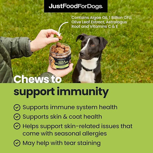 JustFoodForDogs Skin & Allergy Care Soft Chews Supplement for Dogs, Seasonal Allergies, Itchy Skin, Inflammation, Immune Support - 45 Count