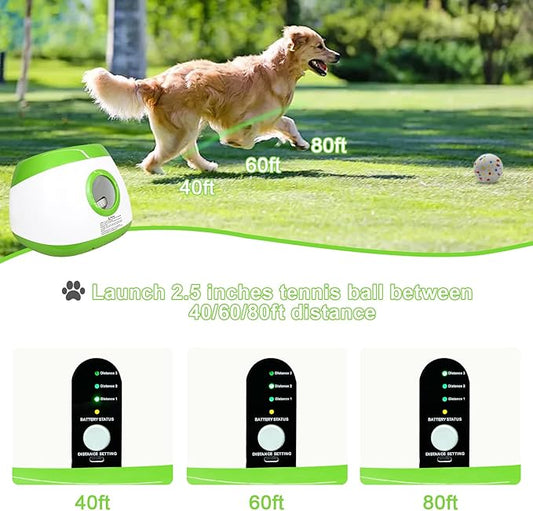 SOCO Automatic Ball Launcher for Dogs Large- 3 Distance Settings (40/60/80FT) w/Remote Control | 2.5" ETPU Tennis Balls | Indoor/Outdoor Dog Toy | 6 Balls & Quick Charge Included
